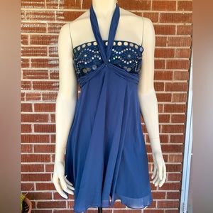 Size 02 BCBGMaxAzria blue formal dress with mirror details and flowy skirt